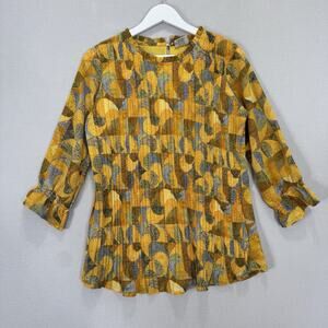 La Fille Blouse Womens XL Yellow Pleated Abstract Smock Boho Top Mid Century Mod